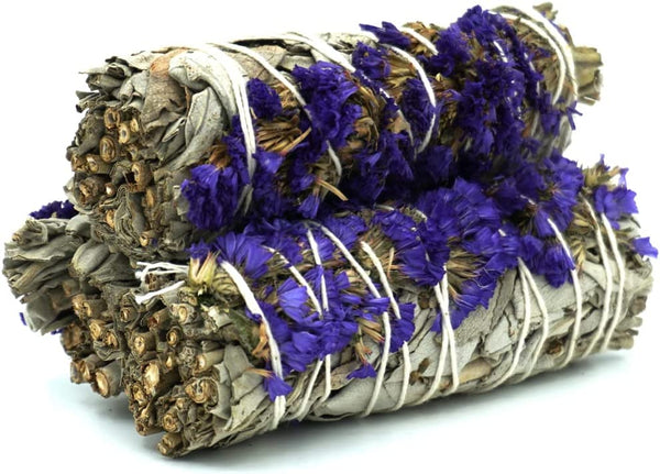 Purple Sinuata Flower and White Sage Smudge Stick Bundle