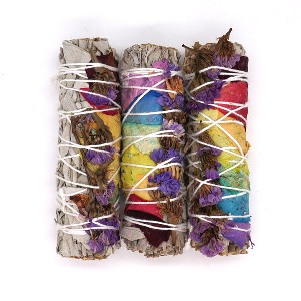 Faiza Naturals 7 Chakra & Purple Sinuata White Sage Smudge Stick, multicolored rose petals and bound by twine, 3 pack..