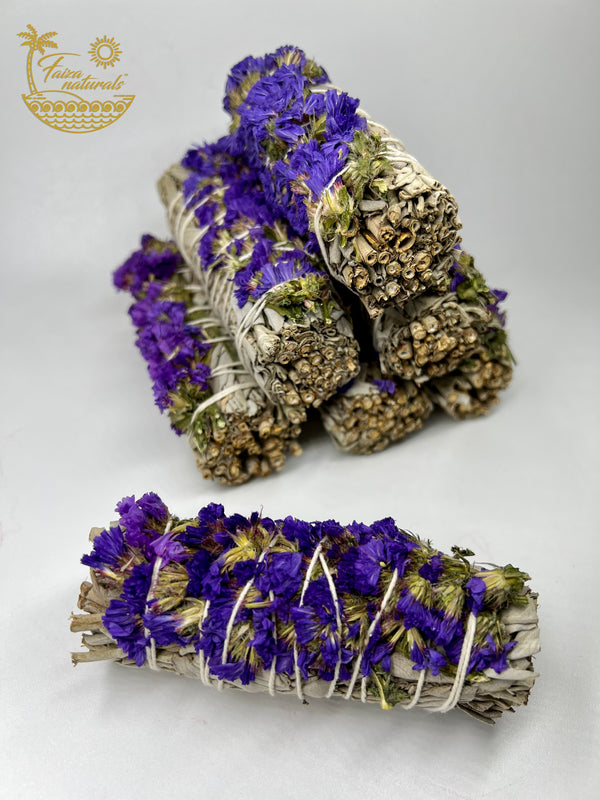 Purple Sinuata Flower and White Sage Smudge Stick Bundle