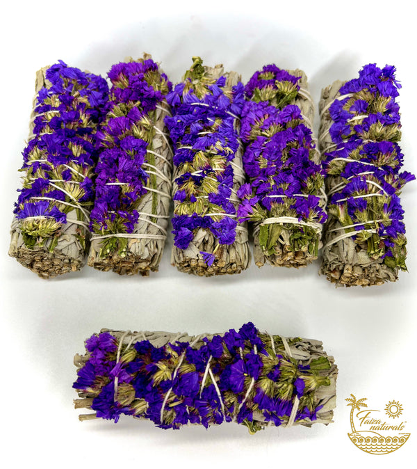 Purple Sinuata Flower and White Sage Smudge Stick Bundle