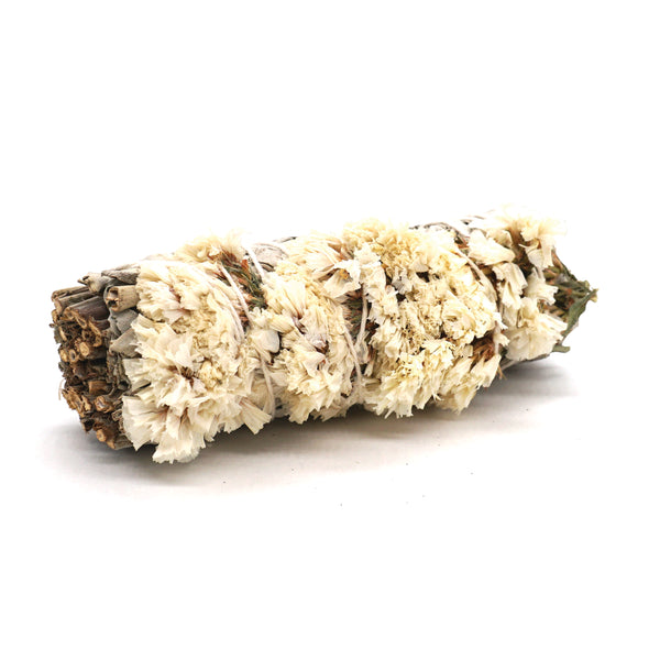 White Sinuata Flowers and White Sage Smudge Stick Bundle