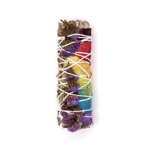 Faiza Naturals 7 Chakra & Purple Sinuata White Sage Smudge Stick, multicolored rose petals and bound by twine, 1 Bundle.