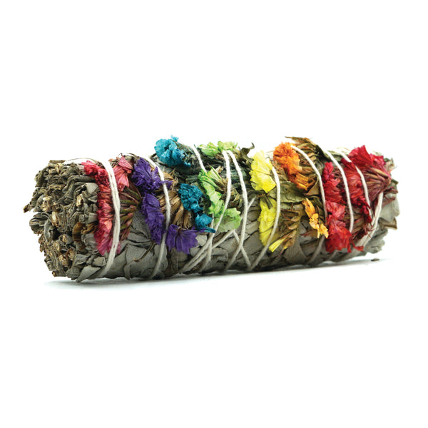 7 Chakra Sinuata Flower and White Sage Smudge Stick Bundle