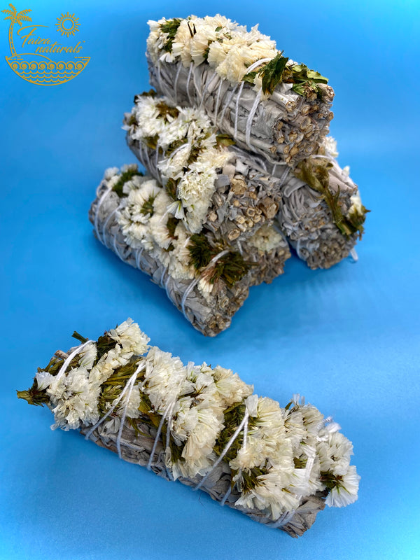 White Sinuata Flowers and White Sage Smudge Stick Bundle