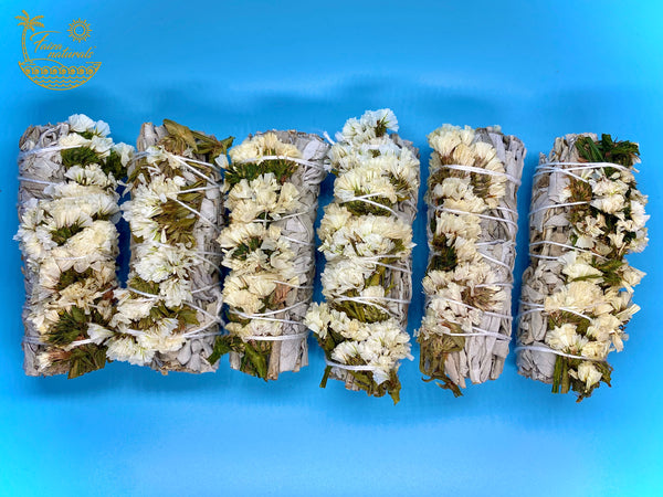 White Sinuata Flowers and White Sage Smudge Stick Bundle